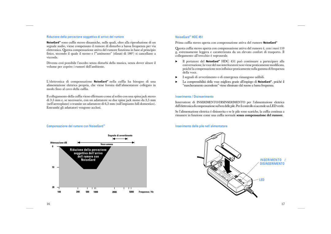 Sennheiser HDC 451 manual Compensazione del rumore con NoiseGard, NoiseGard HDC, Inserimento / Disinserimento 