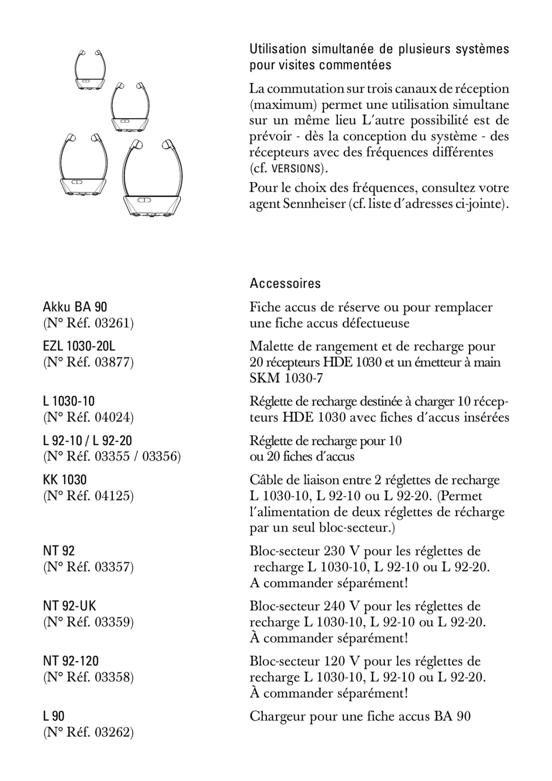 Sennheiser HDE1030 manual Pour visites commentées, Accessoires 