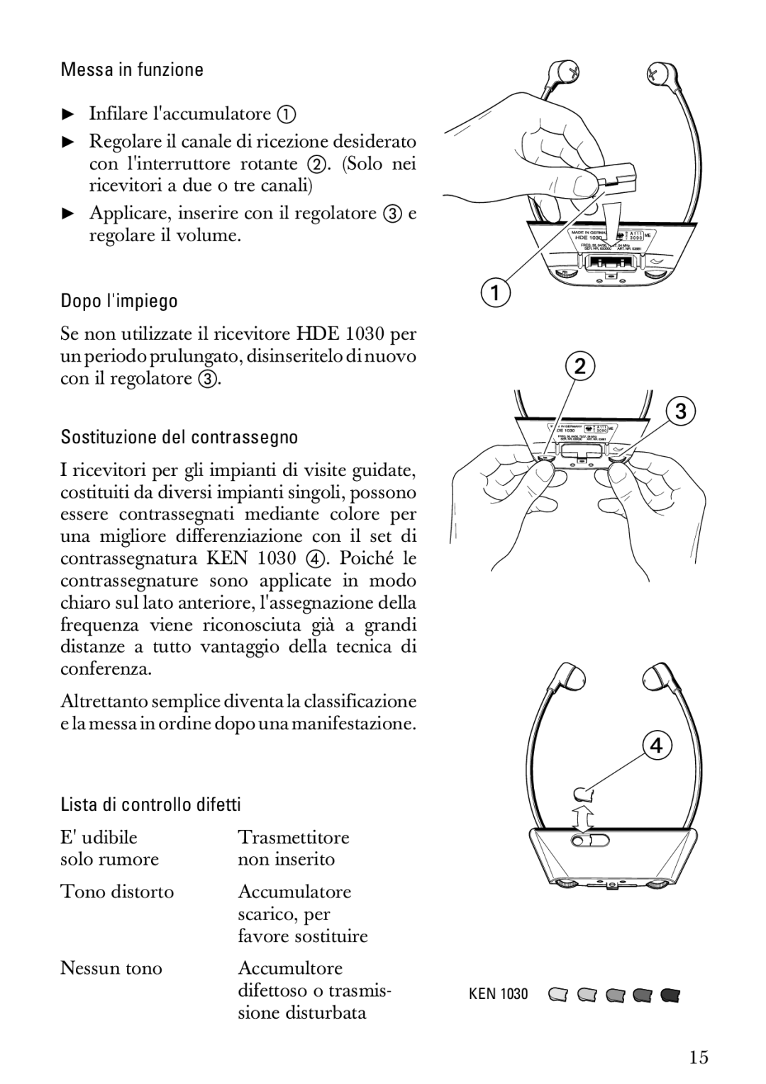 Sennheiser HDE1030 manual Messa in funzione, Dopo limpiego, Sostituzione del contrassegno, Lista di controllo difetti 