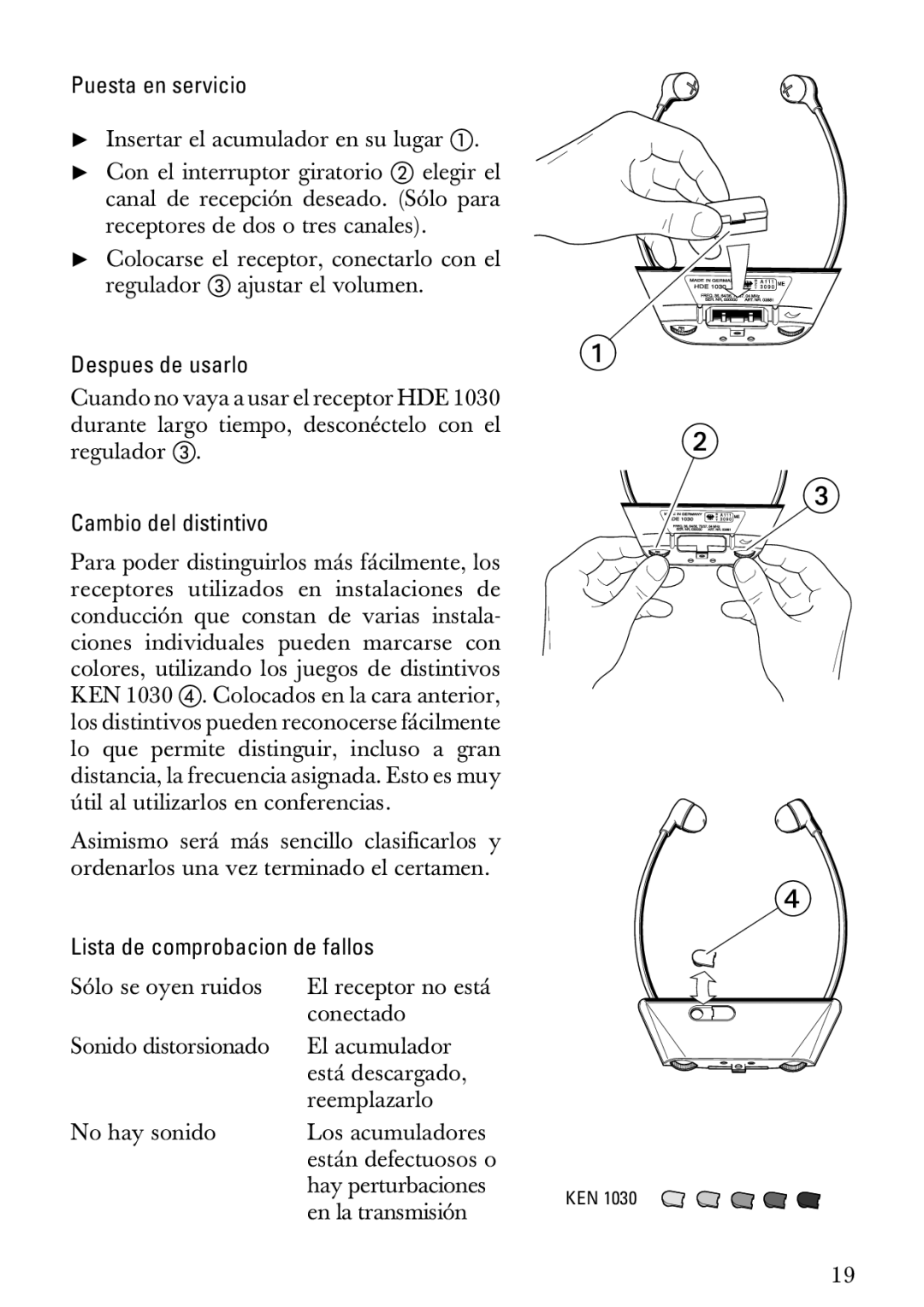 Sennheiser HDE1030 manual Puesta en servicio, Despues de usarlo, Cambio del distintivo, Lista de comprobacion de fallos 