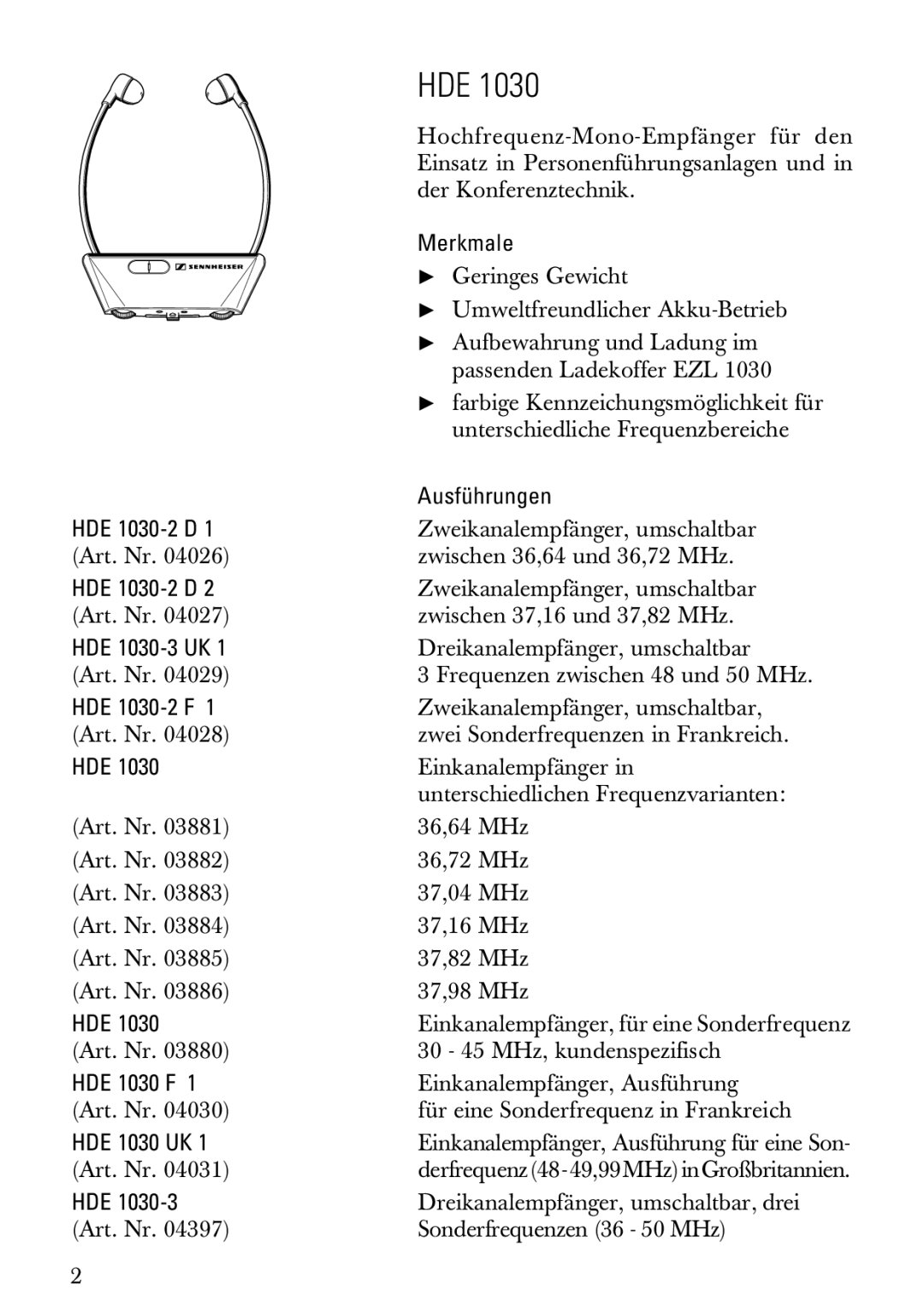 Sennheiser HDE1030 manual Merkmale, Ausführungen, HDE 1030-2 D, HDE 1030-3 UK, HDE 1030-2 F, Hde, HDE 1030 F, HDE 1030 UK 