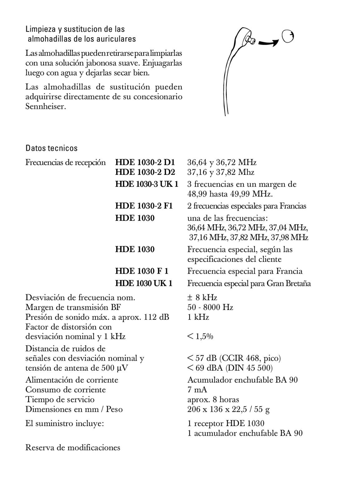 Sennheiser HDE1030 manual Datos tecnicos 