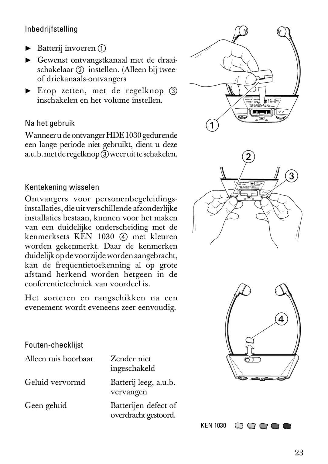 Sennheiser HDE1030 manual Inbedrijfstelling, Na het gebruik, Kentekening wisselen, Fouten-checklijst 