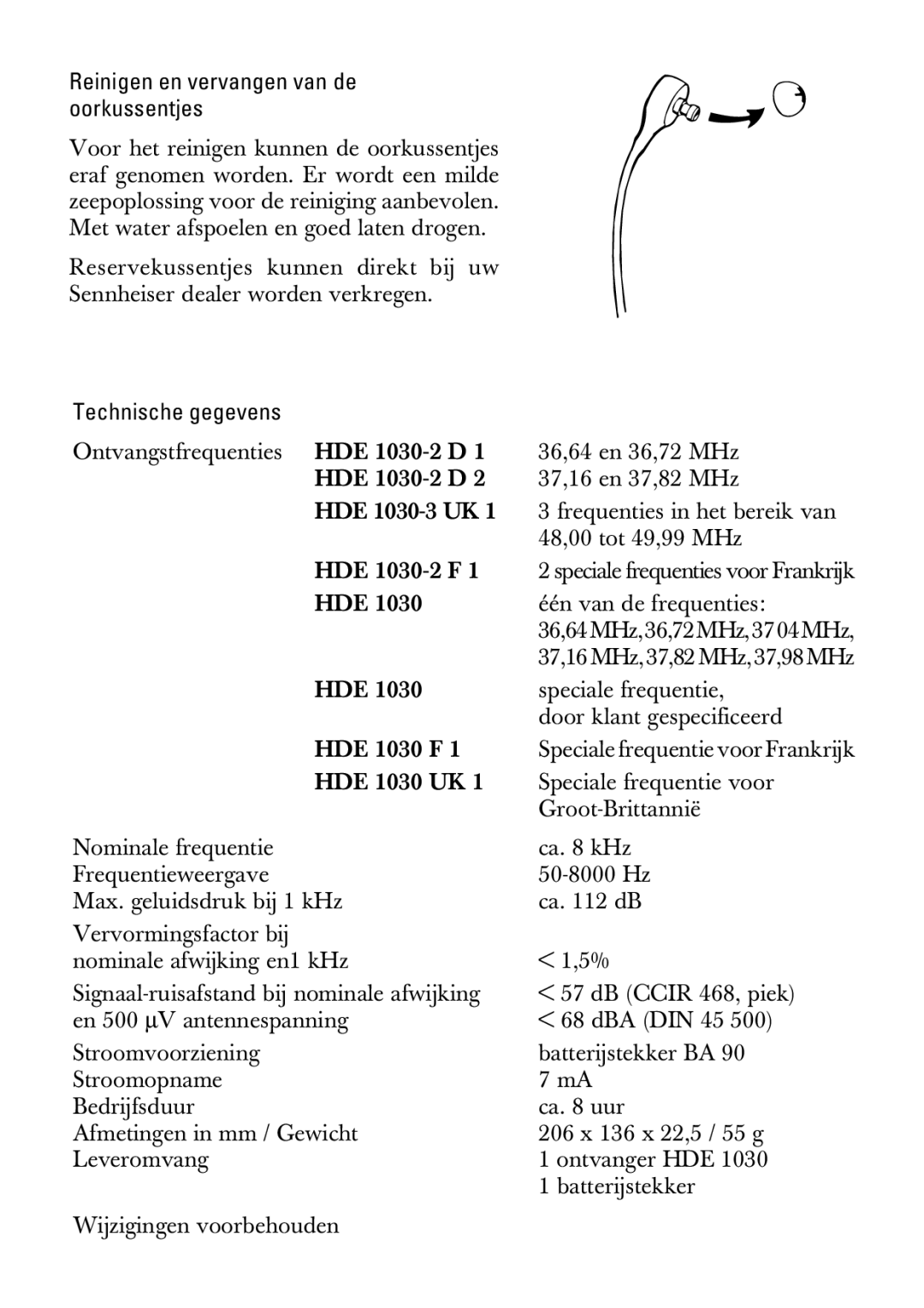 Sennheiser HDE1030 manual Reinigen en vervangen van de oorkussentjes, Technische gegevens 