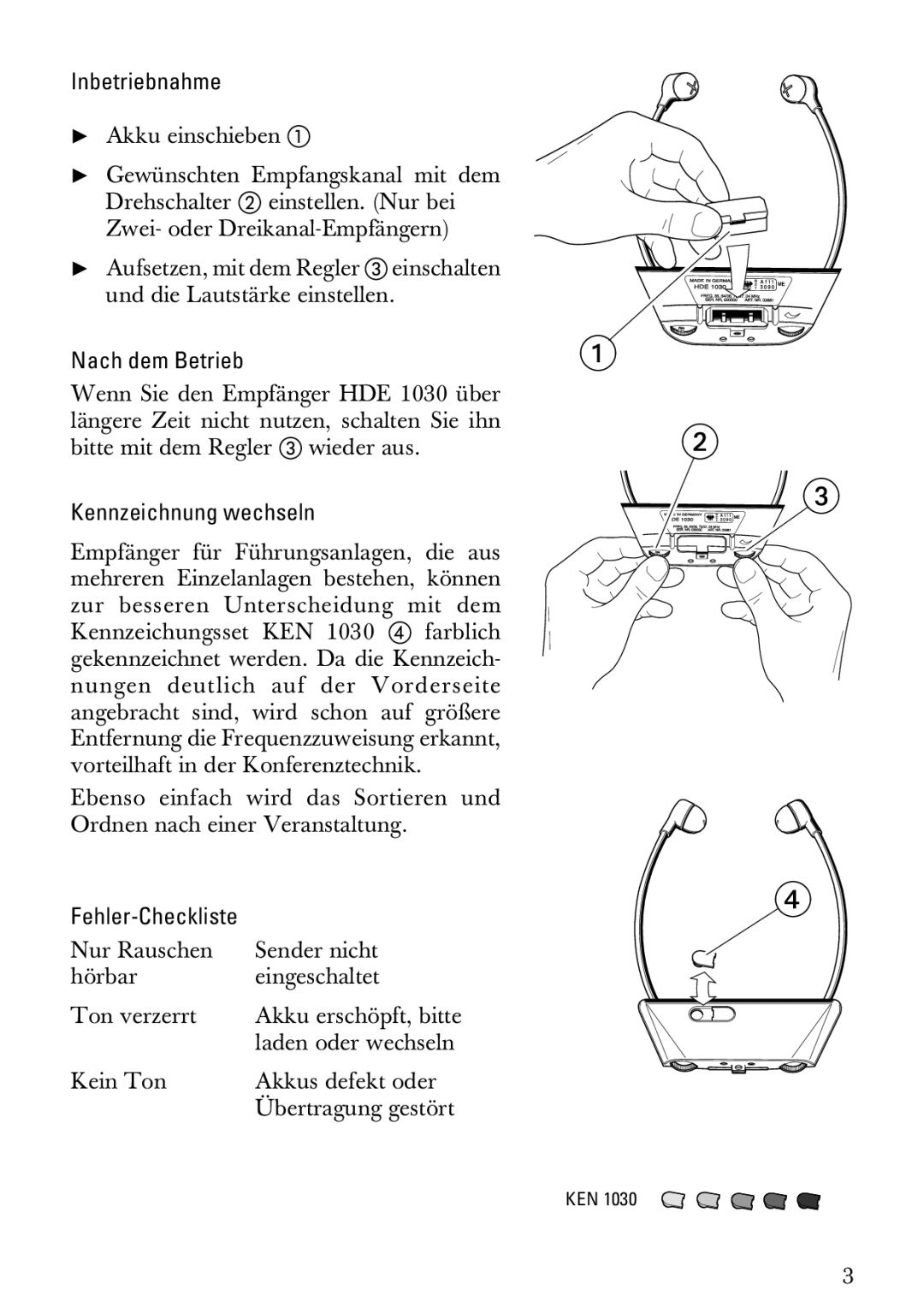 Sennheiser HDE1030 manual Inbetriebnahme, Nach dem Betrieb, Kennzeichnung wechseln 