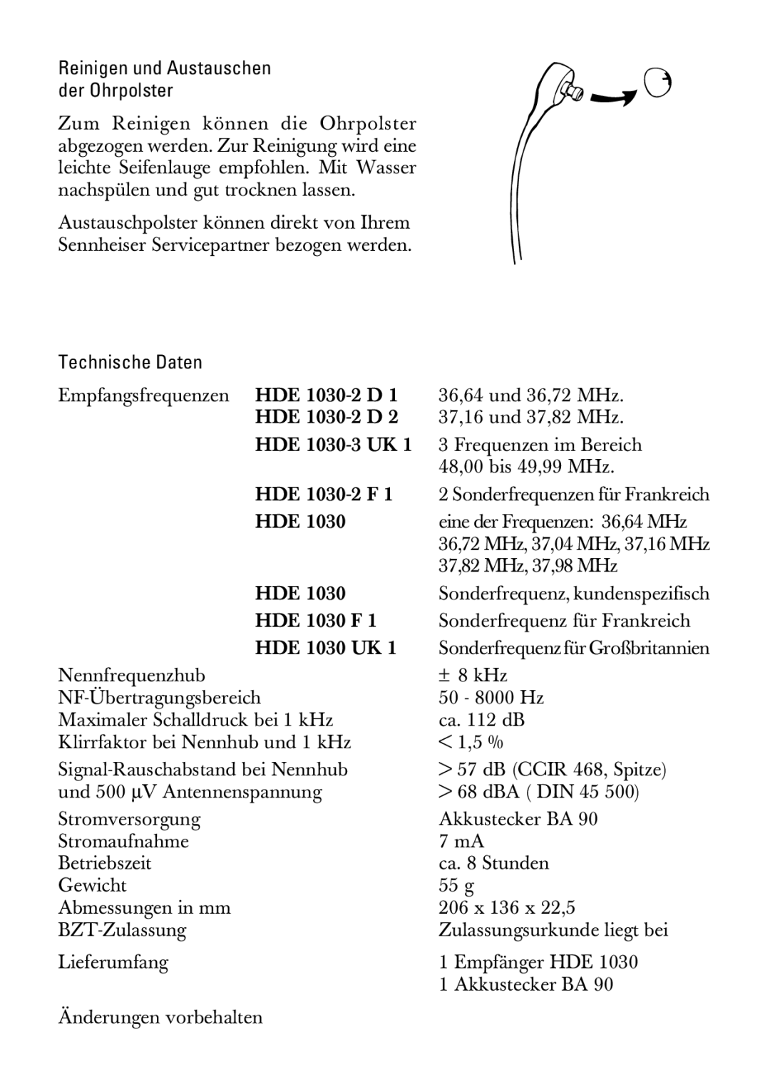 Sennheiser HDE1030 manual Technische Daten 