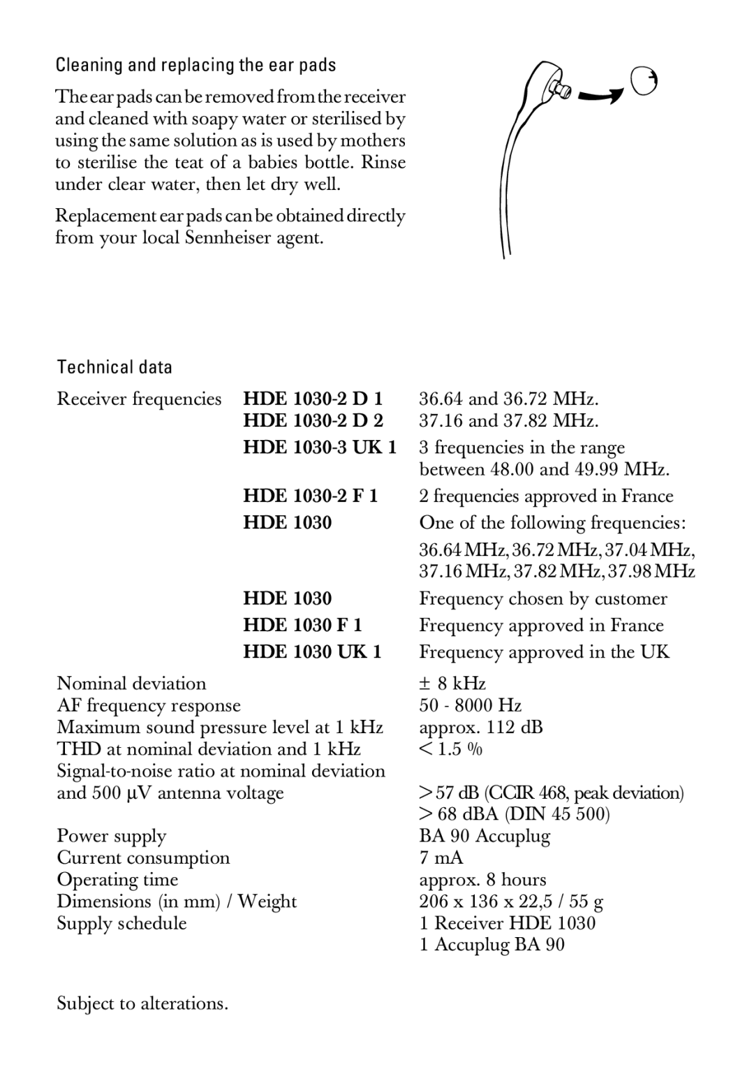 Sennheiser HDE1030 manual Cleaning and replacing the ear pads, Technical data 