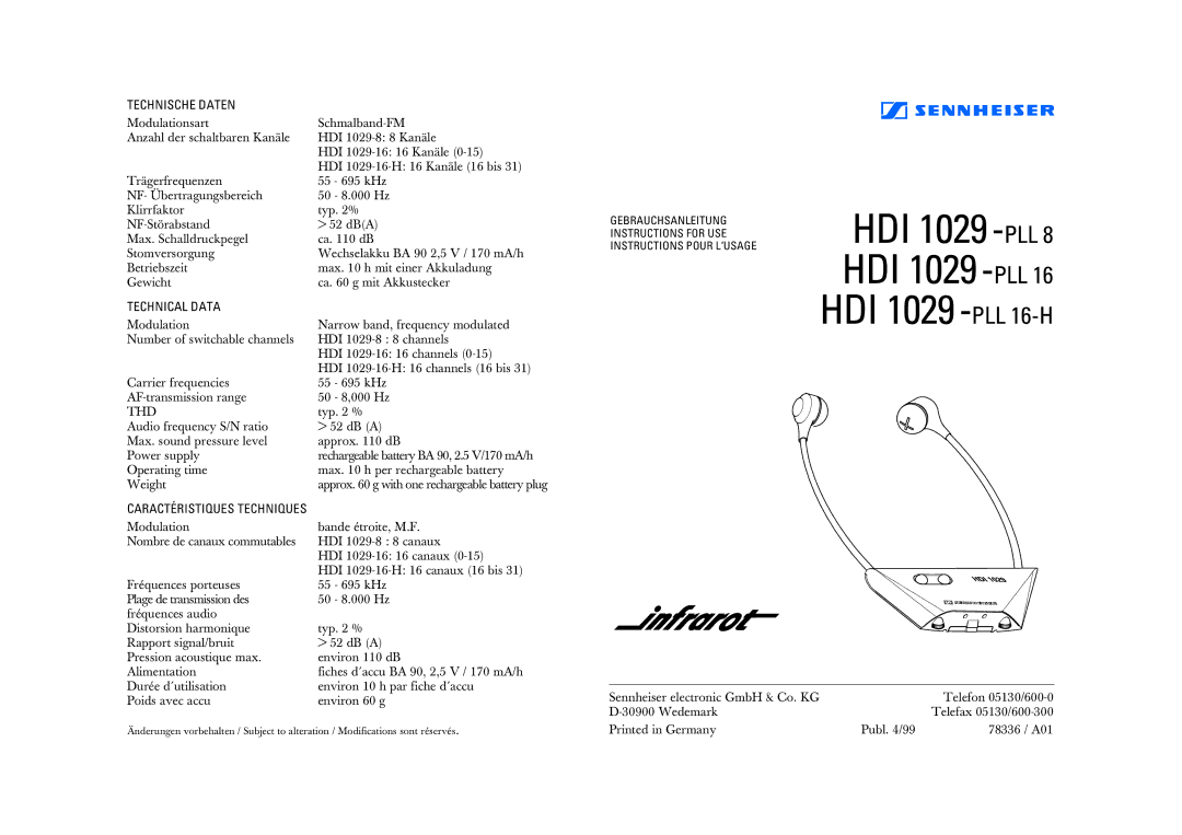 Sennheiser HDI 1029-PLL 16-H, HDI 1029-PLL 8 manual Technische Daten, Technical Data 