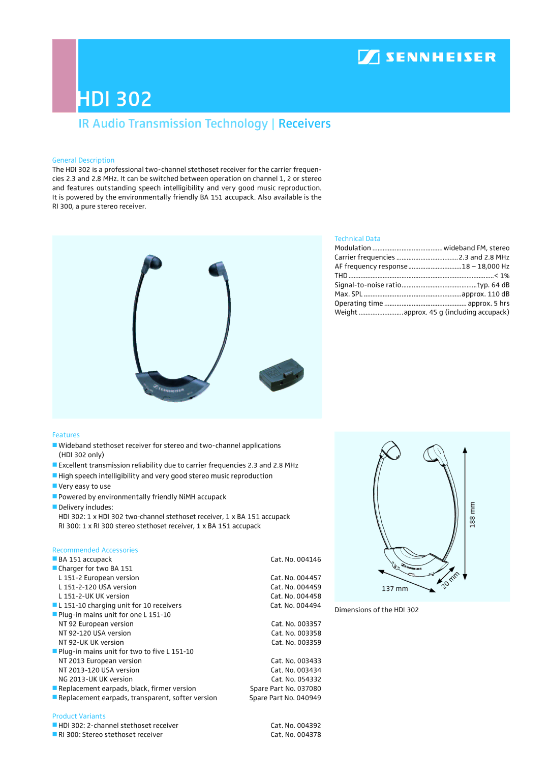 Sennheiser HDI 302 dimensions Hdi, IR Audio Transmission Technology Receivers 