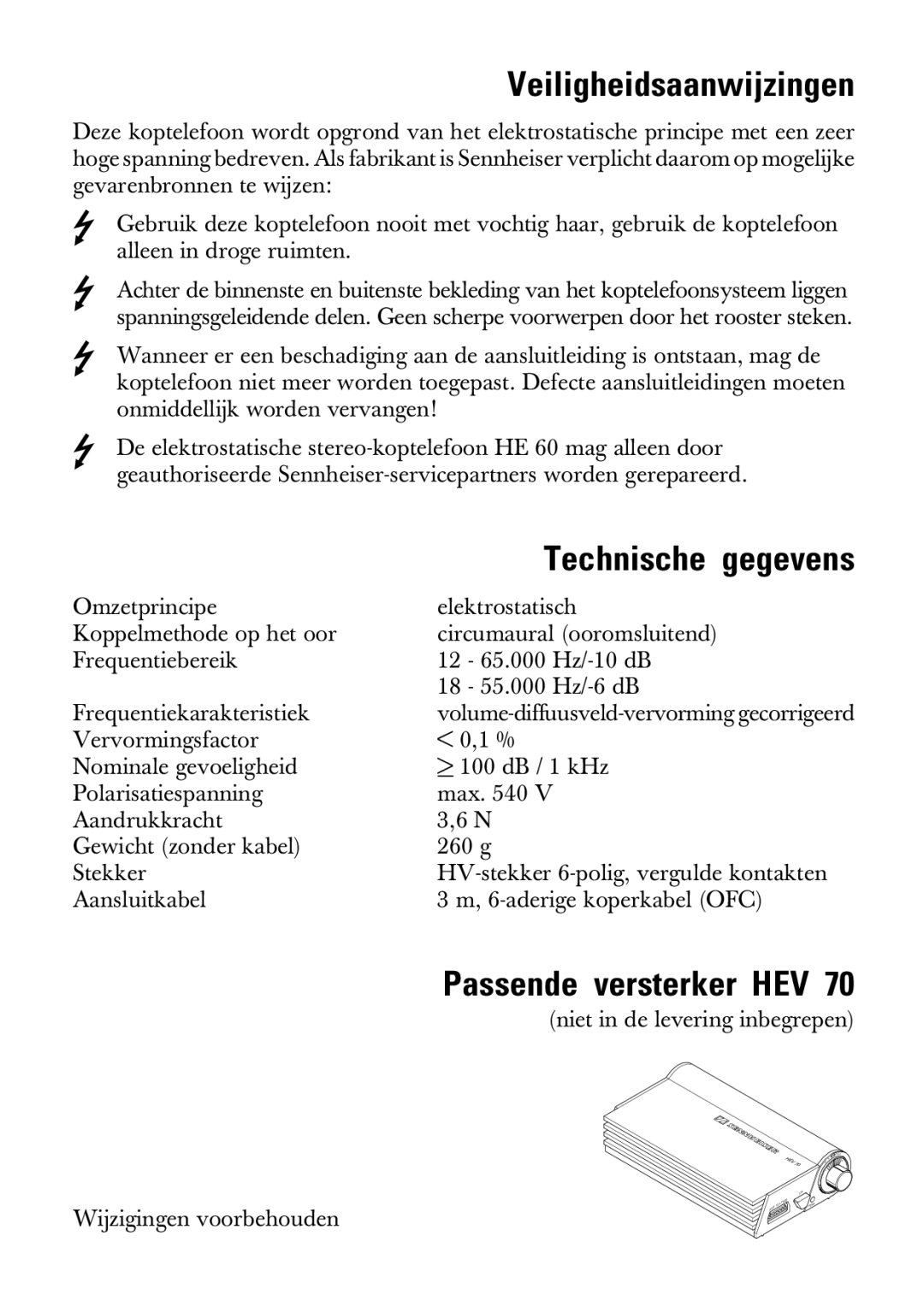 Sennheiser HE 60 manual Veiligheidsaanwijzingen, Passende versterker HEV, Technische gegevens 