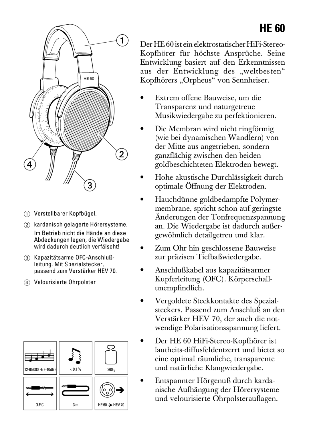 Sennheiser HE 60 manual Velourisierte Ohrpolster 