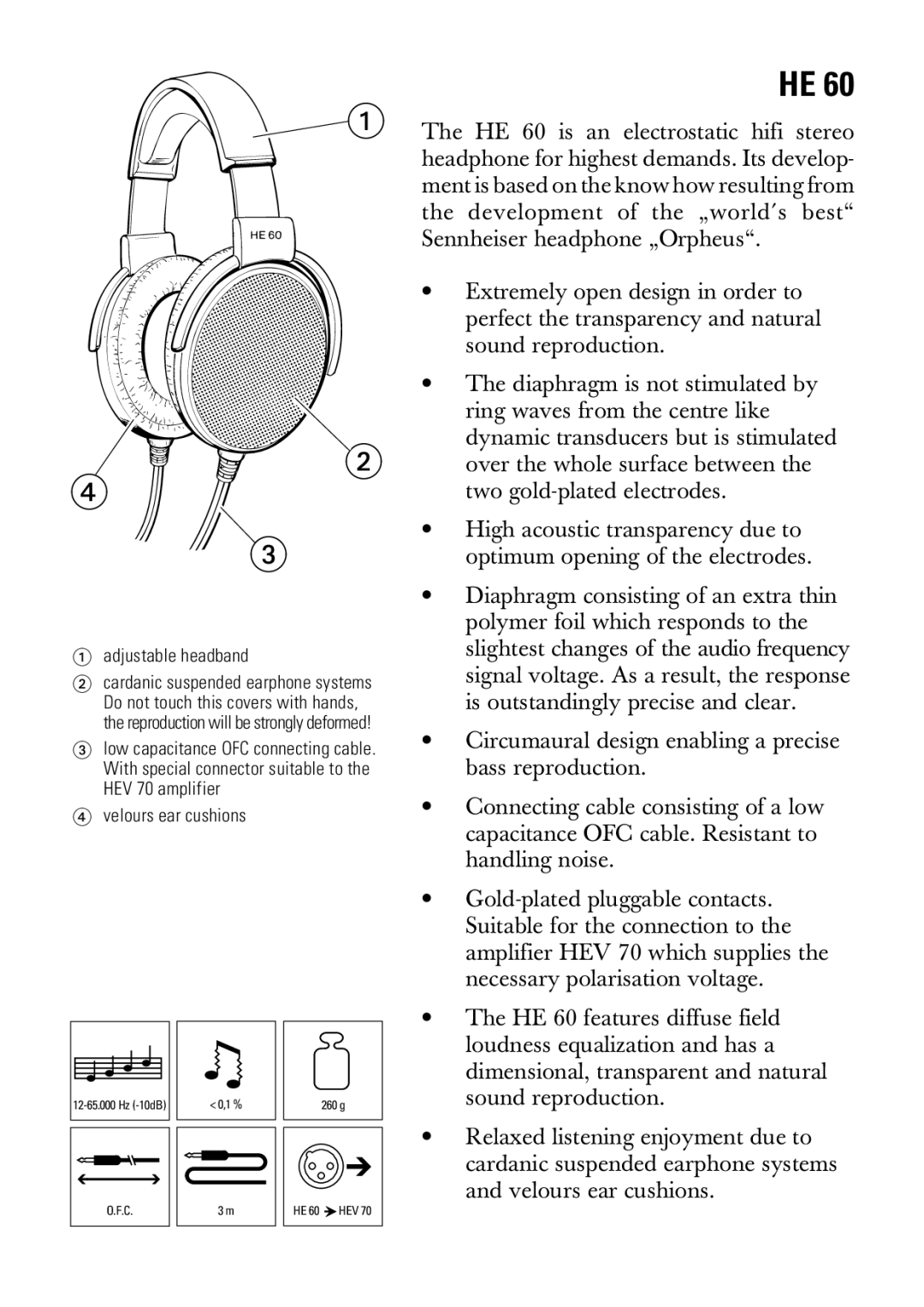 Sennheiser HE 60 Optimum opening of the electrodes, Diaphragm consisting of an extra thin, Polymer foil which responds to 