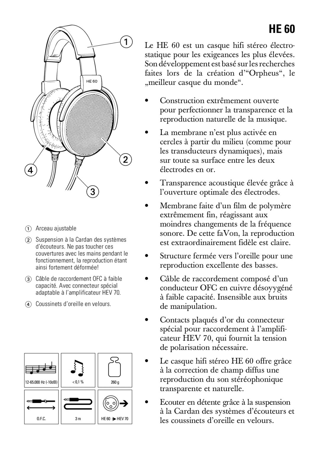 Sennheiser HE 60 manual Arceau ajustable, Coussinets d’oreille en velours 