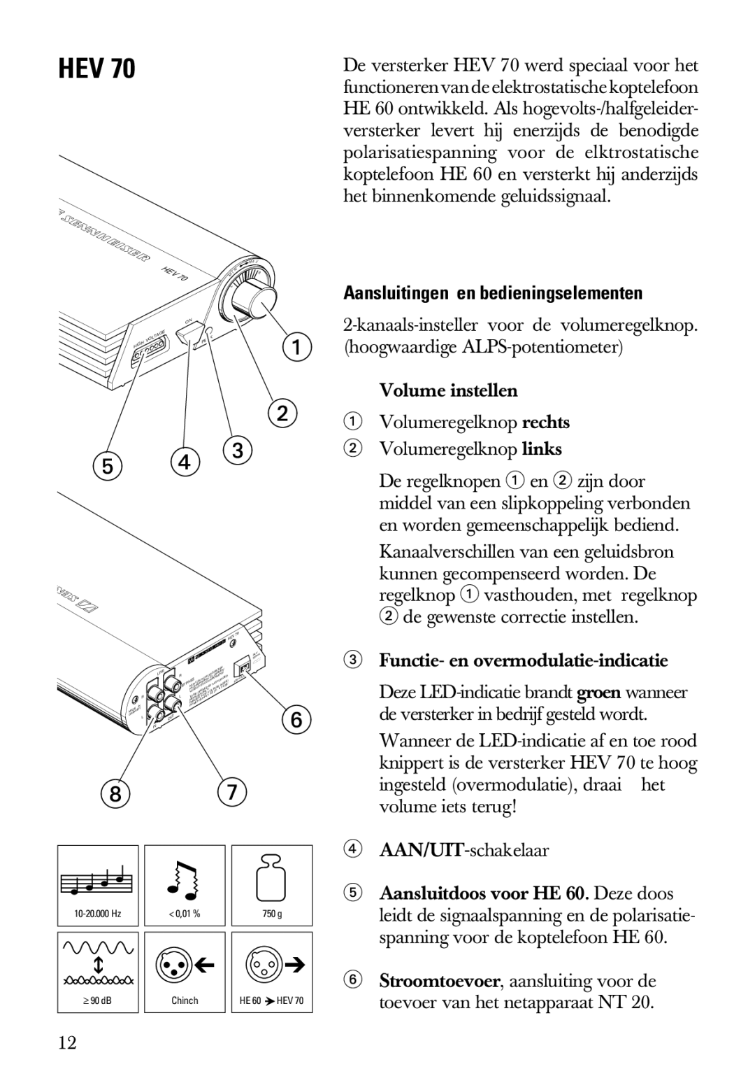 Sennheiser HEV70 manual Aansluitingen en bedieningselementen 