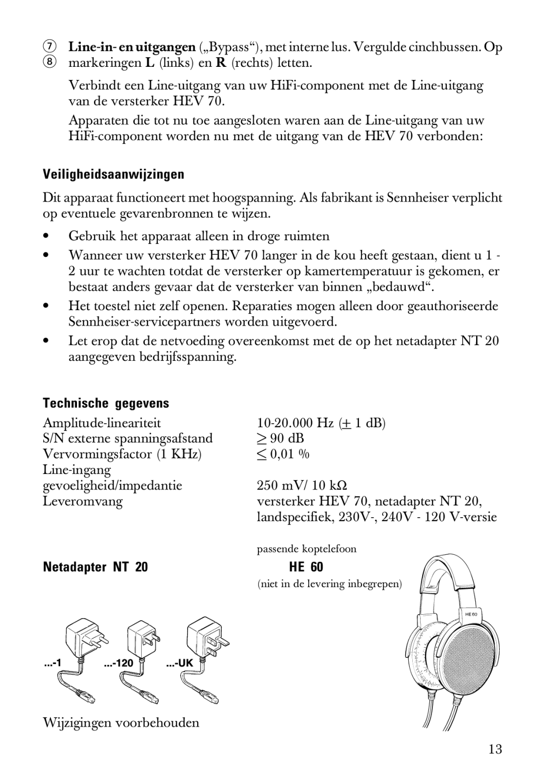 Sennheiser HEV70 manual Veiligheidsaanwijzingen, Technische gegevens, Netadapter NT 