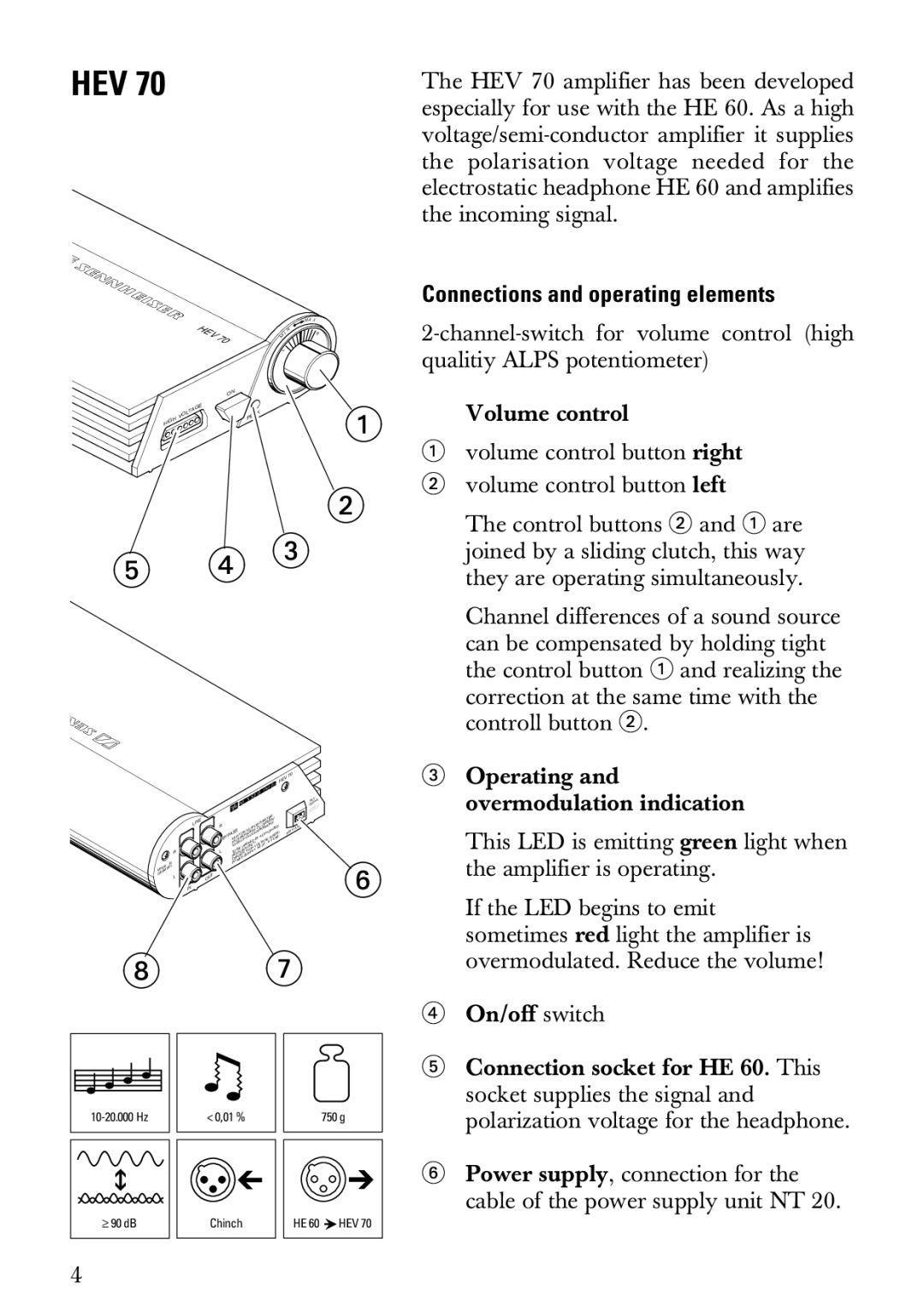 Sennheiser HEV70 manual Connections and operating elements 