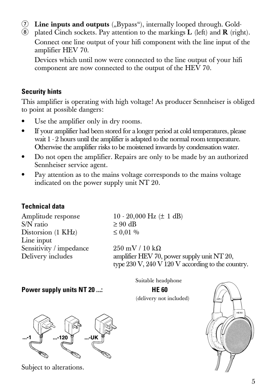 Sennheiser HEV70 manual Security hints, Technical data 