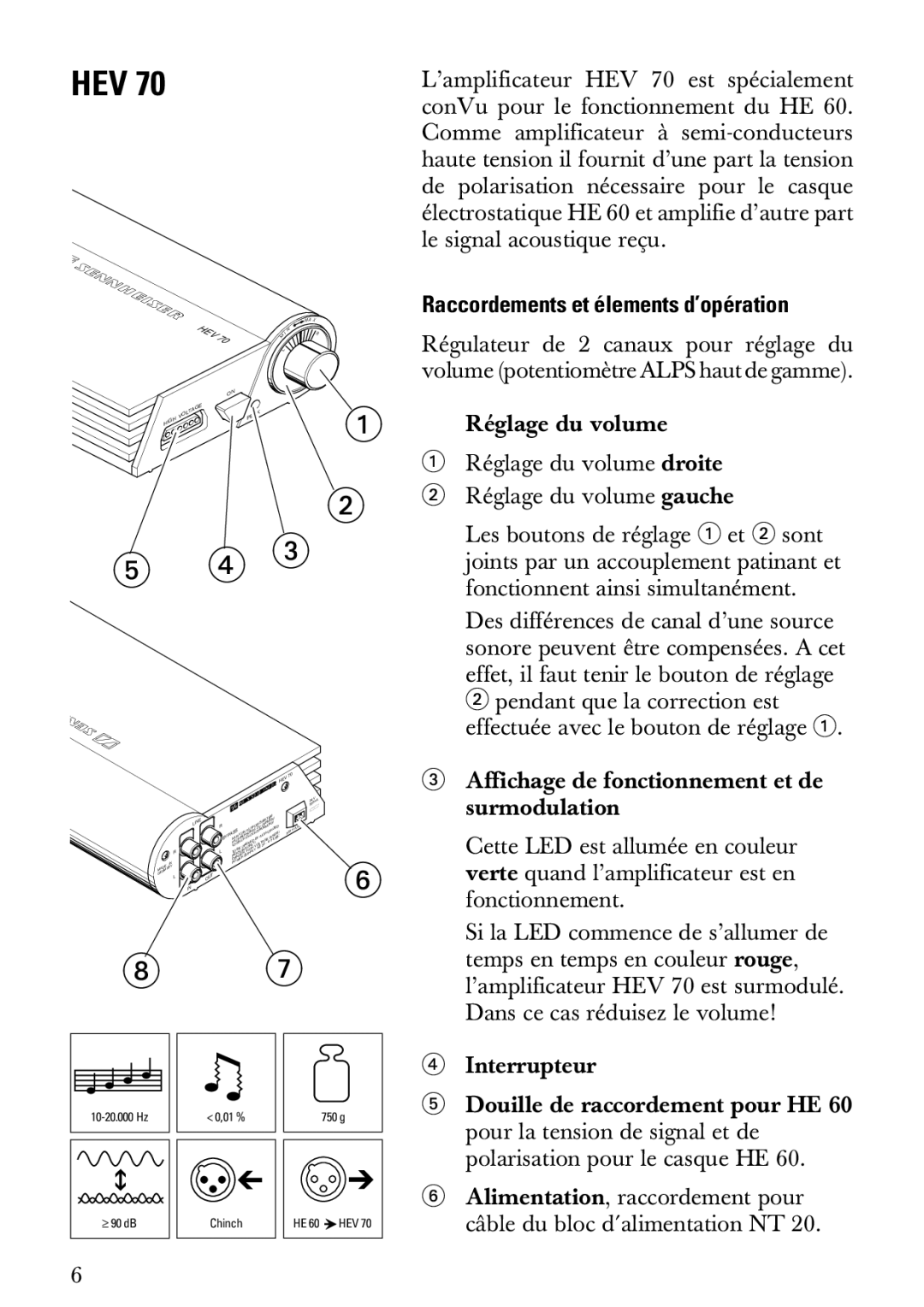 Sennheiser HEV70 manual Raccordements et élements d’opération 