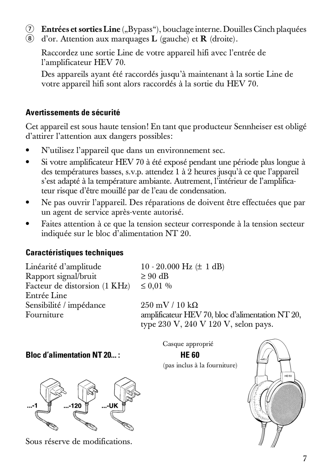 Sennheiser HEV70 manual Avertissements de sécurité, Caractéristiques techniques 