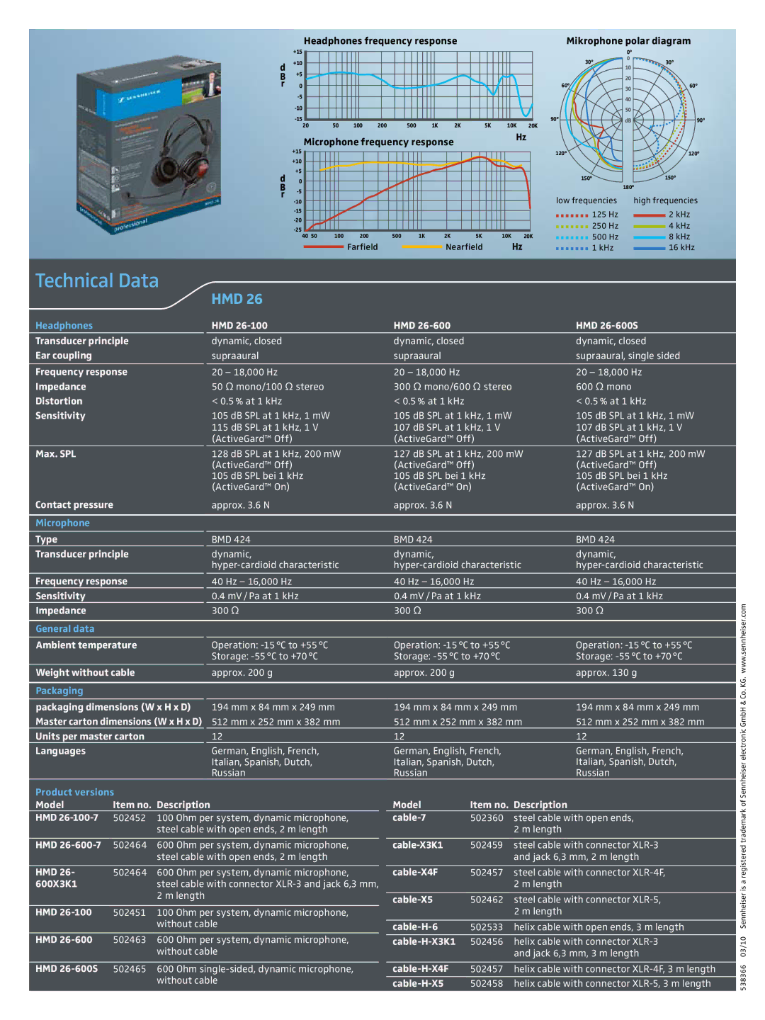 Sennheiser HMD 26-100 HMD HMD 26-600S Transducer principle, Ear coupling, Frequency response, Impedance, Distortion, Type 