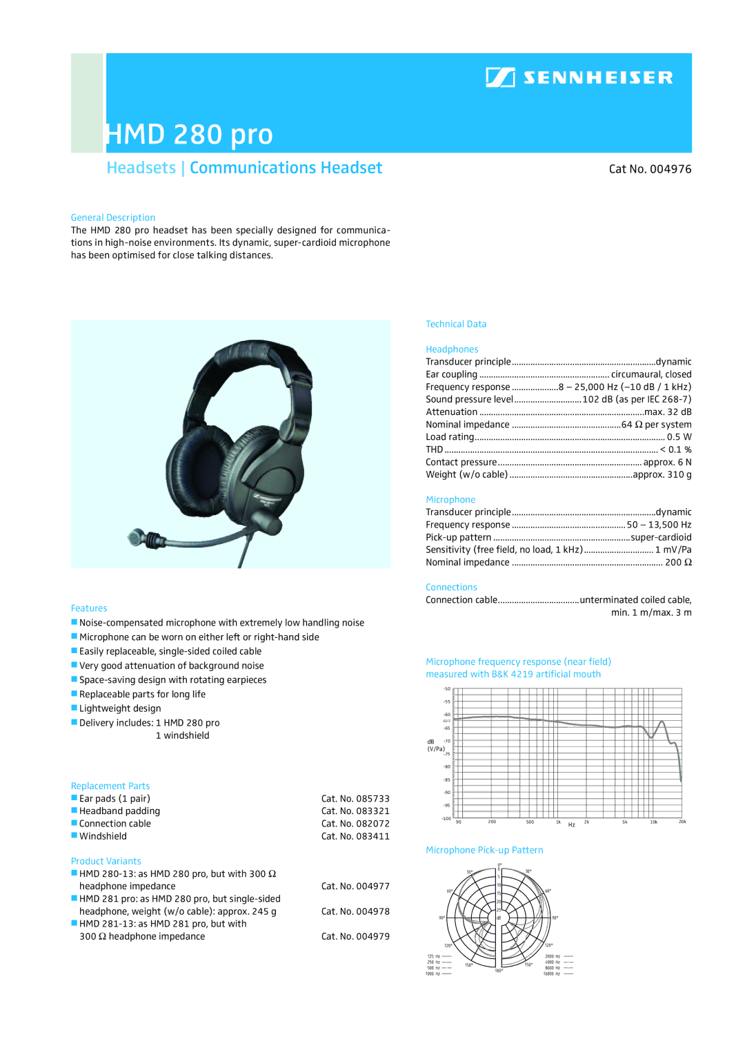 Sennheiser HMD 280 PRO manual General Description, Features, Technical Data Headphones, Microphone, Connections 