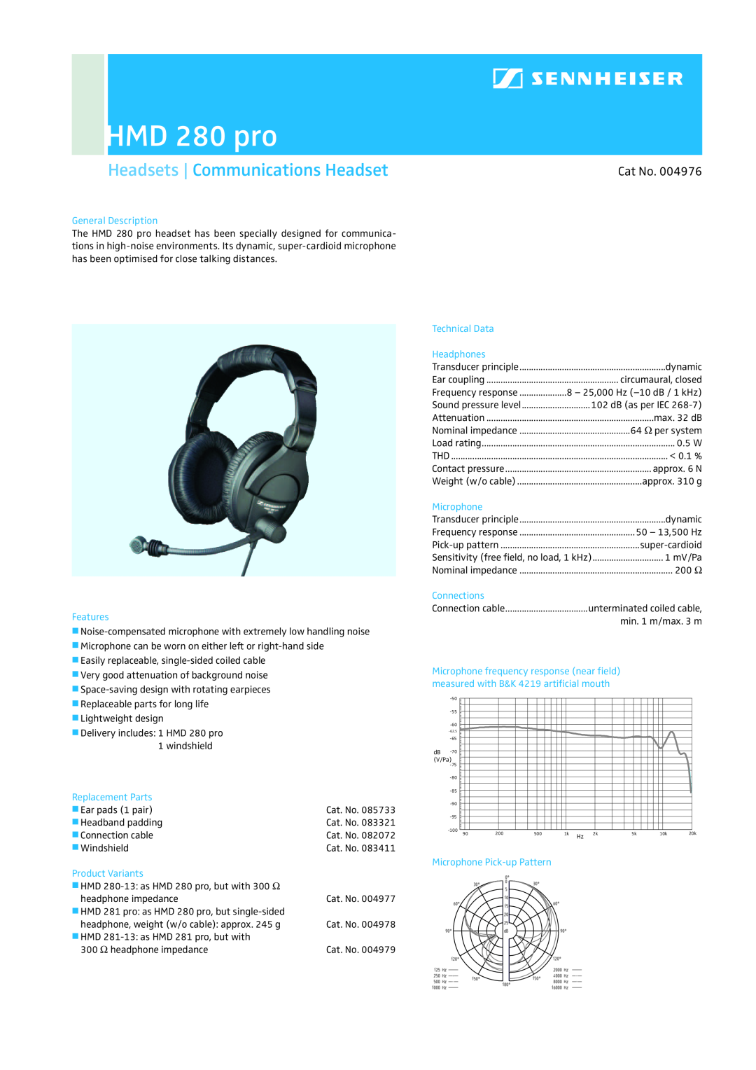 Sennheiser HMD 280 PRO manual HMD 280 pro, Headsets Communications Headset, Cat No, General Description, Features 