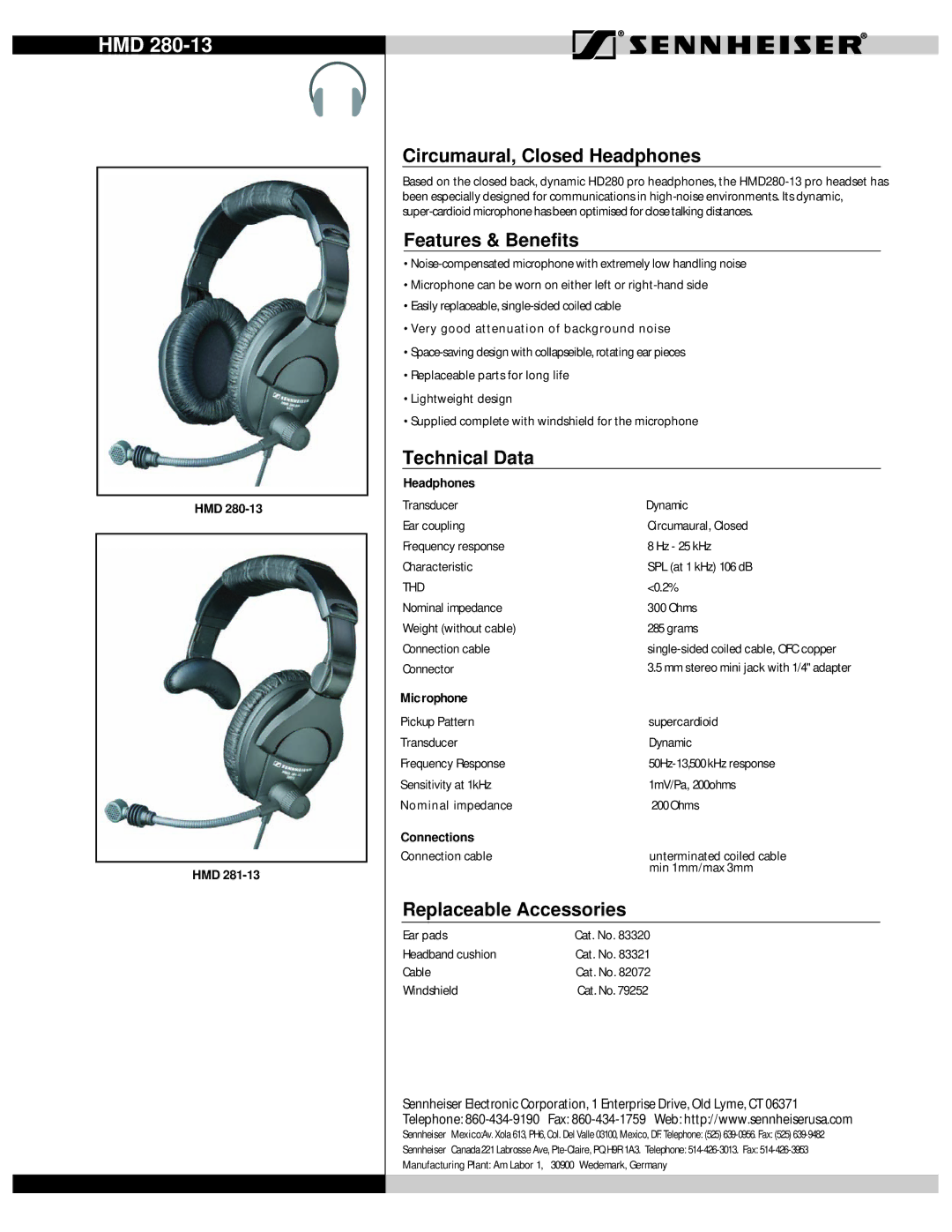 Sennheiser HMD281-13 manual Circumaural, Closed Headphones, Features & Benefits, Technical Data, Replaceable Accessories 