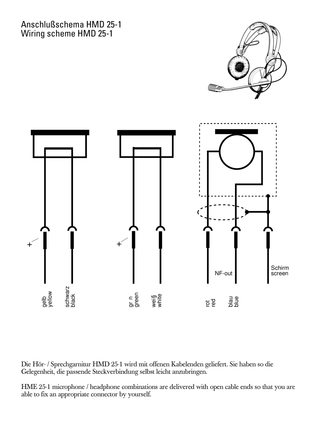 Sennheiser HMD 25-1, HME 25-1 manual Anschlußschema HMD Wiring scheme HMD 