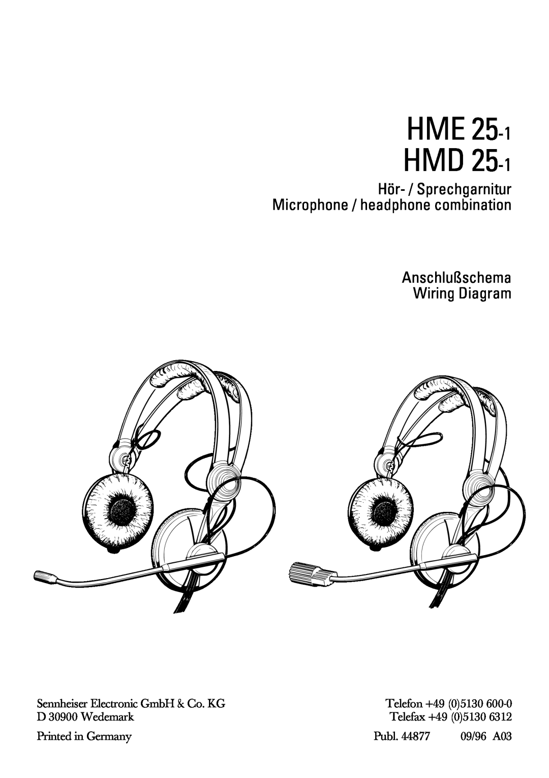 Sennheiser HMD 25-1 manual Hör- /Sprechgarnitur, Microphone / headphone combination Anschlußschema, Wiring Diagram 