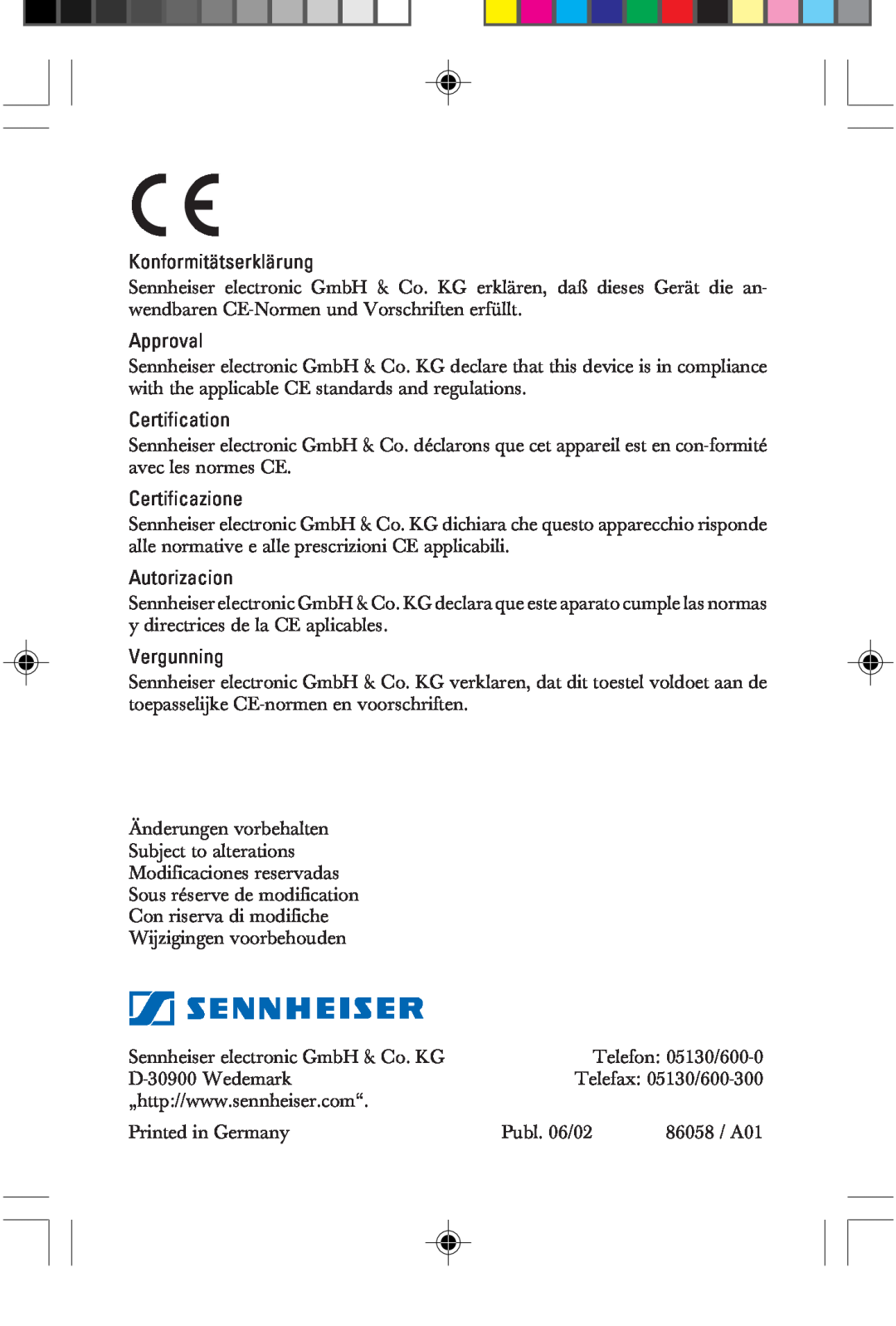 Sennheiser HME 25-KA-2 manual Konformitätserklärung, Approval, Certification, Certificazione, Autorizacion, Vergunning 