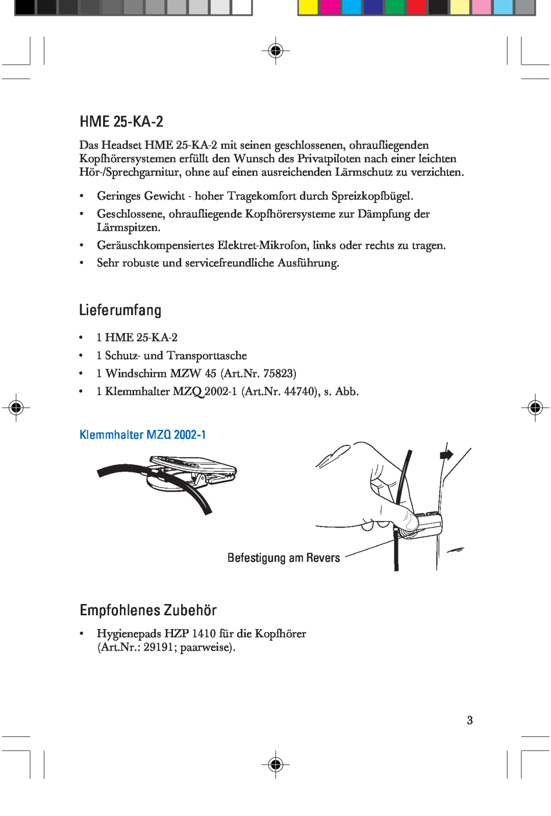 Sennheiser P/N 025-250-015 manual HME 25-KA-2, Lieferumfang, Empfohlenes Zubehör, Klemmhalter MZQ, Befestigung am Revers 