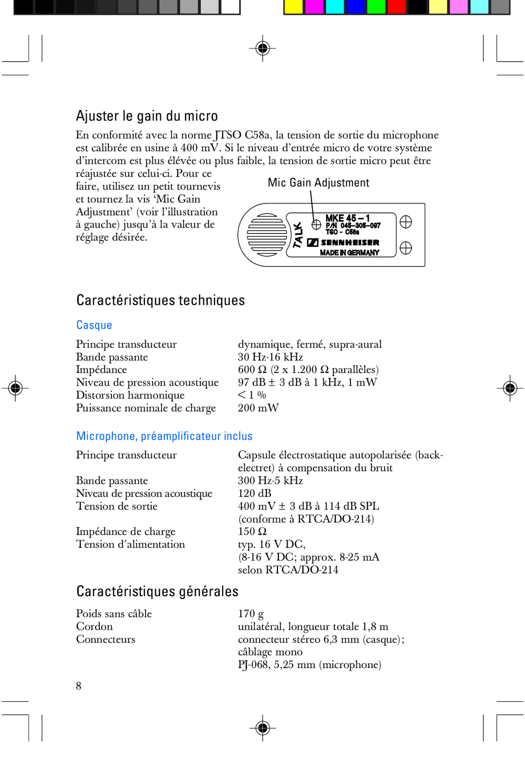 Sennheiser HME 25-KA-2 manual Ajuster le gain du micro, Caractéristiques techniques, Caractéristiques générales, Casque 