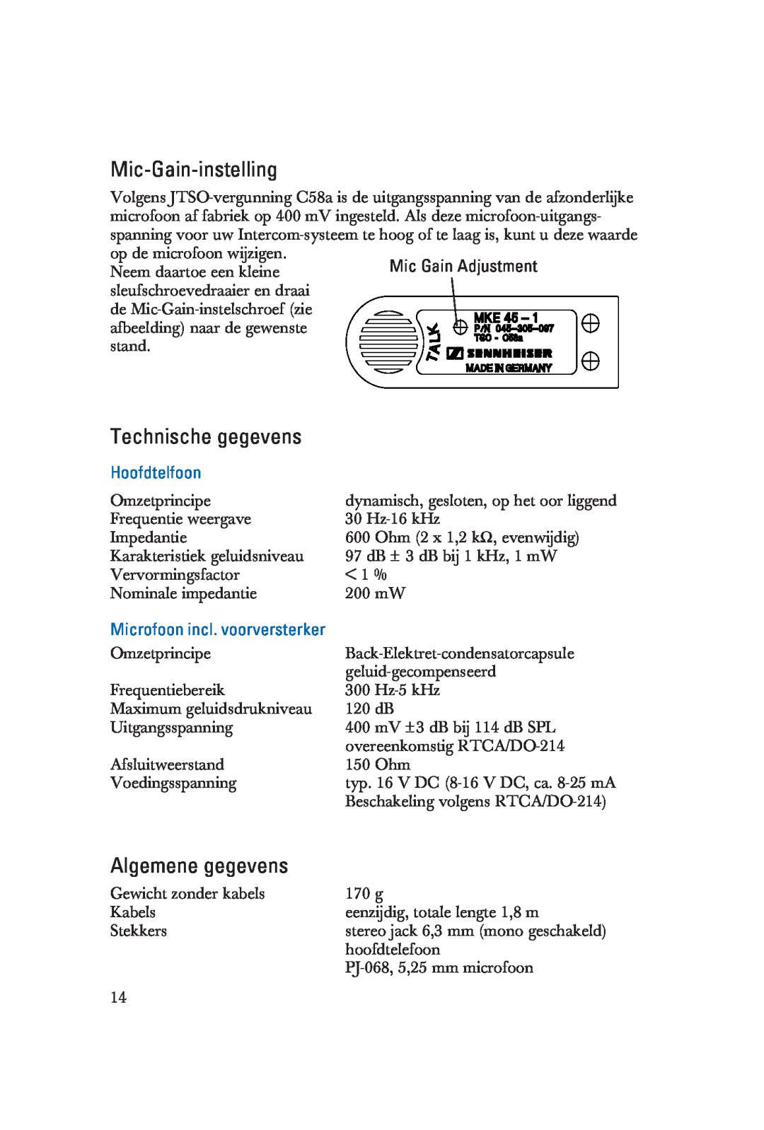 Sennheiser HME 25-KA-2 manual Mic-Gain-instelling, Technische gegevens, Algemene gegevens, Hoofdtelfoon 
