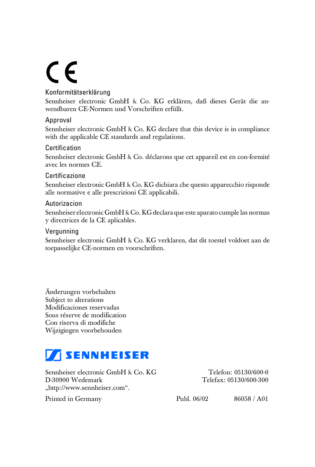 Sennheiser HME 25-KA-2 manual Konformitätserklärung 