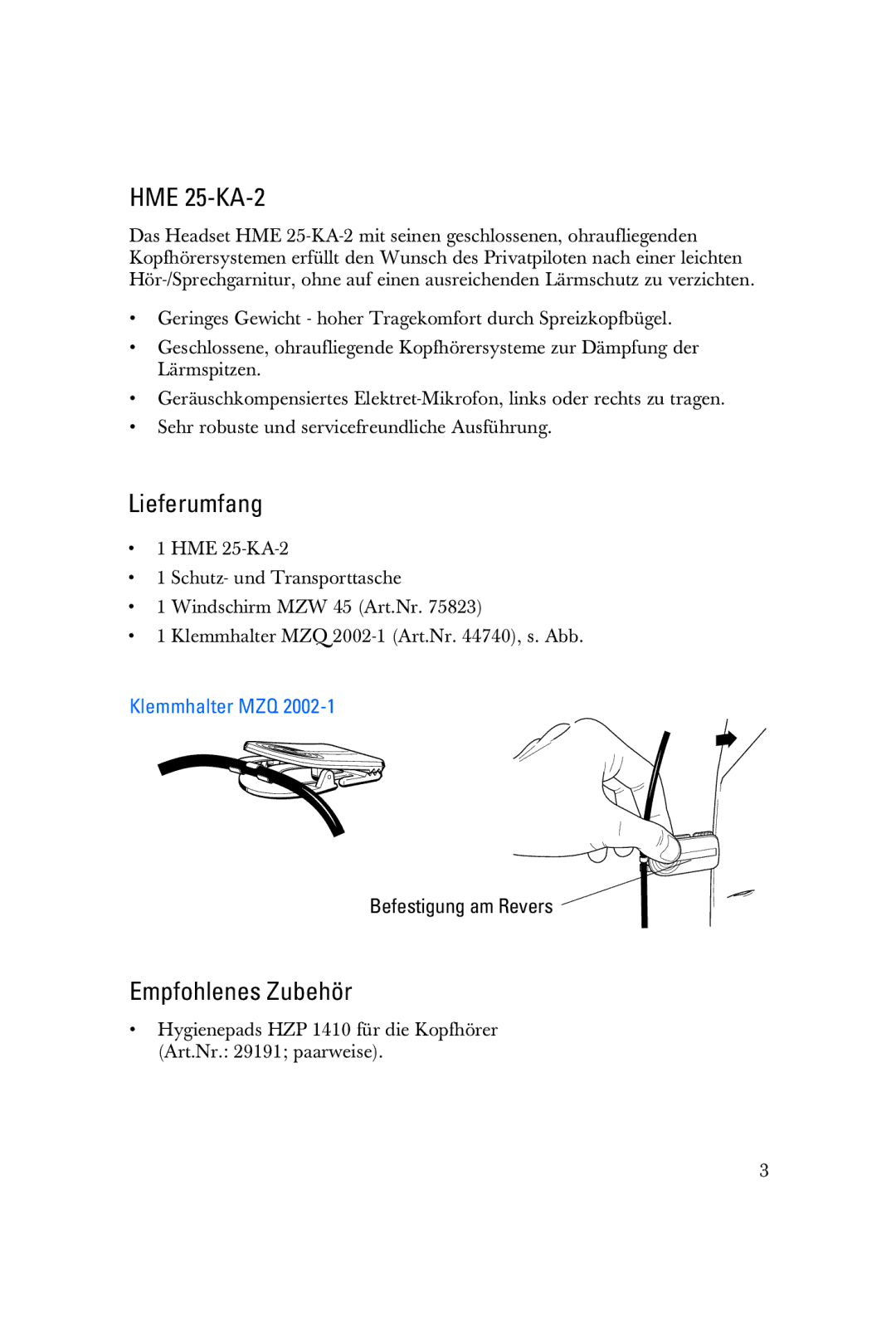 Sennheiser HME 25-KA-2 manual Lieferumfang, Empfohlenes Zubehör, Klemmhalter MZQ 