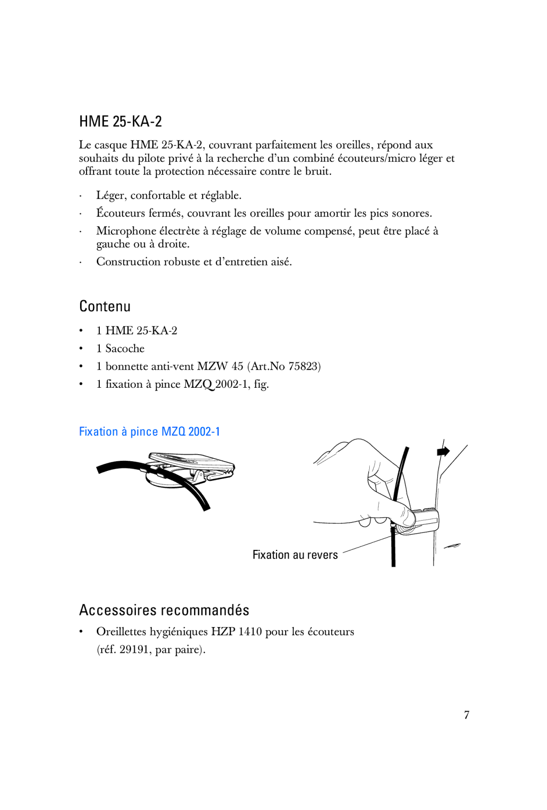 Sennheiser HME 25-KA-2 manual Contenu, Accessoires recommandés, Fixation à pince MZQ 