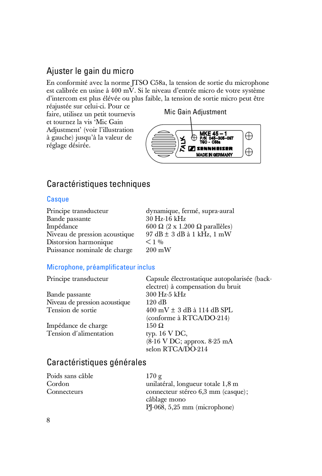 Sennheiser HME 25-KA-2 manual Ajuster le gain du micro, Caractéristiques techniques, Caractéristiques générales, Casque 