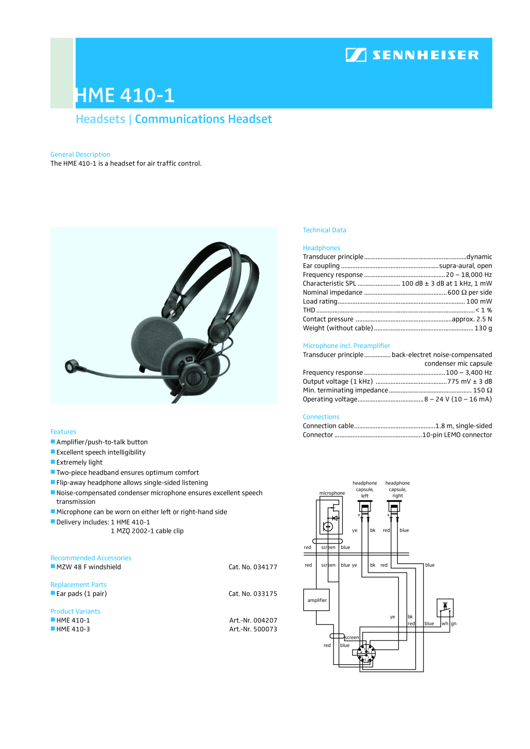 Sennheiser HME 410-1 manual Headsets Communications Headset, General Description, Features, Recommended Accessories 