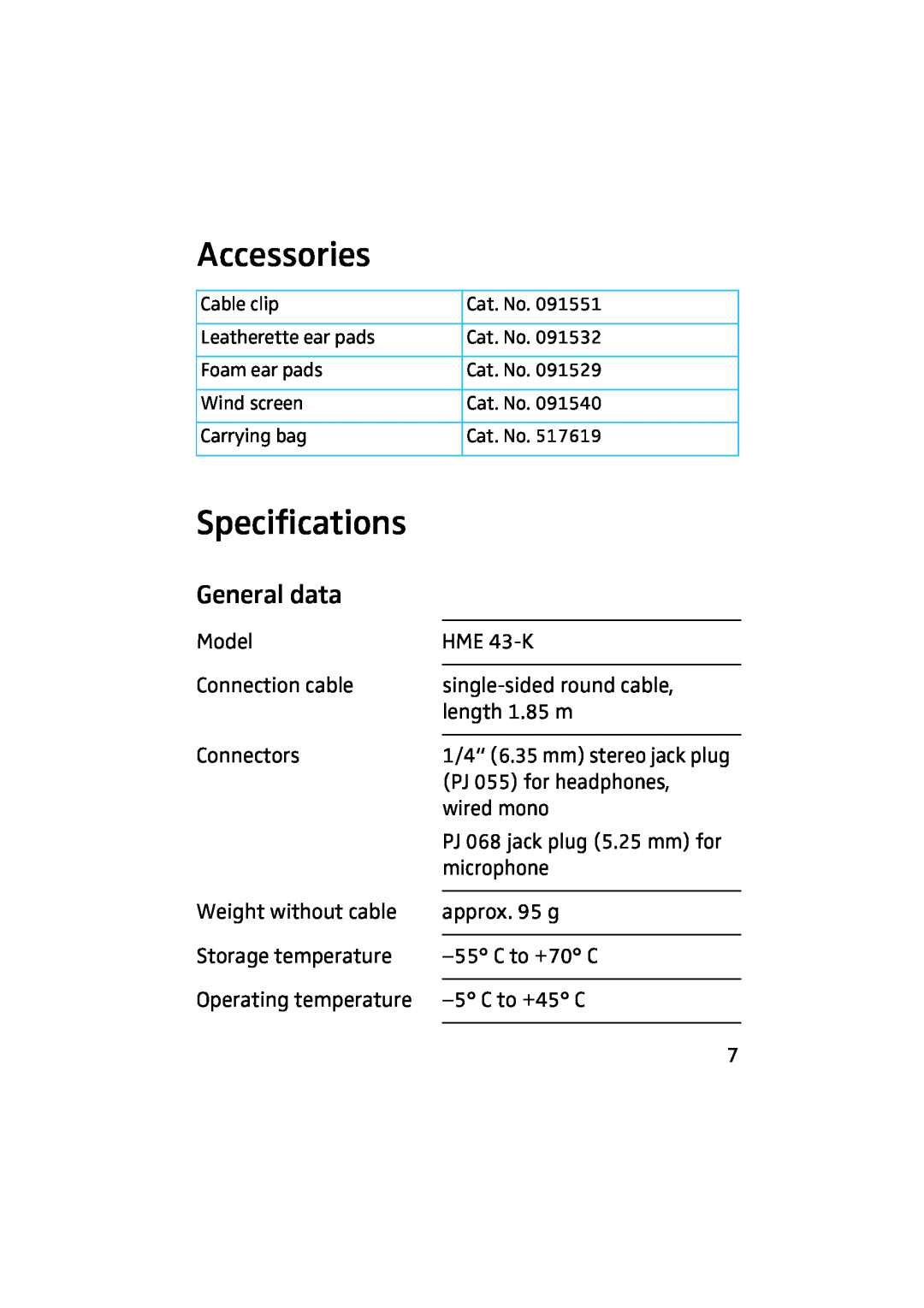 Sennheiser HME 43-K manual Accessories, Specifications, General data 