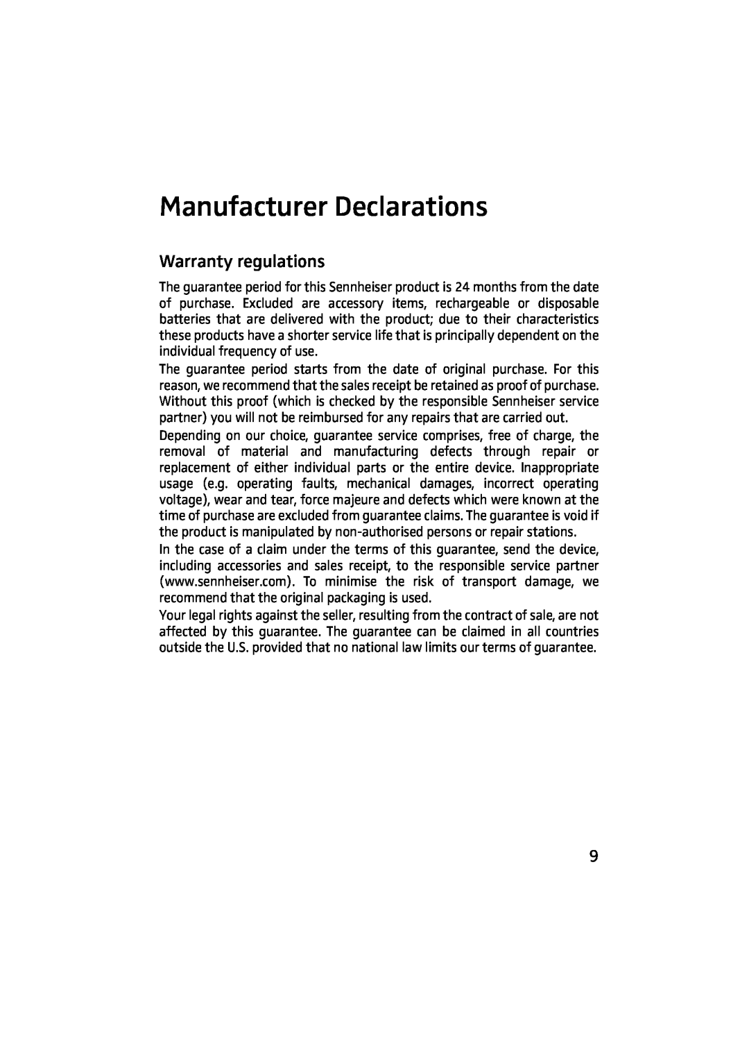 Sennheiser HME 43-K manual Manufacturer Declarations, Warranty regulations 