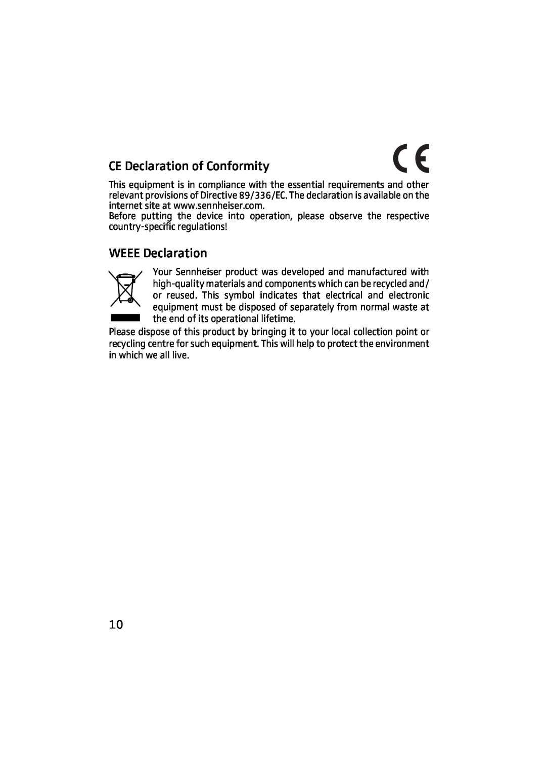 Sennheiser HME 43-K manual CE Declaration of Conformity, WEEE Declaration 