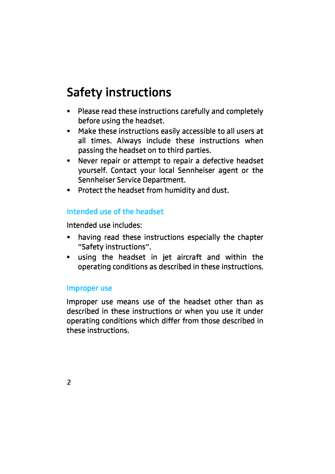 Sennheiser HME 43-K manual Safety instructions, Intended use of the headset, Improper use 
