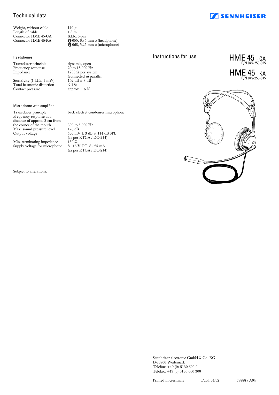 Sennheiser HME 45 - CA, HME 45- KA manual HME 45 CA, HME 45 KA, Technical data, Instructions for use 