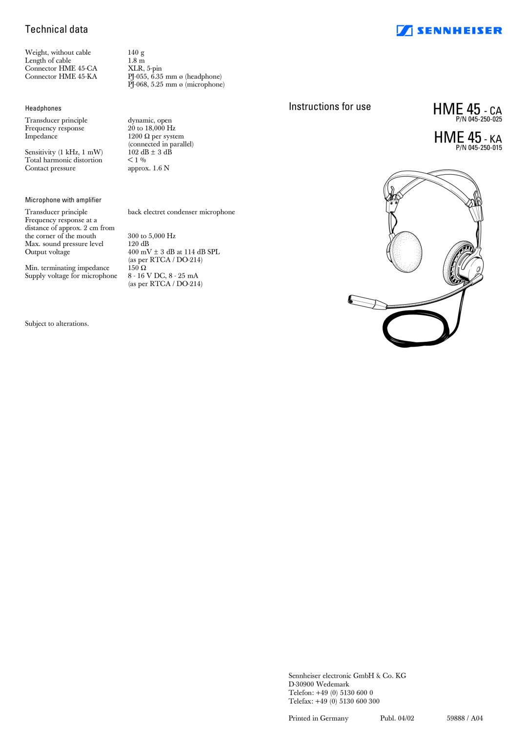 Sennheiser HME 45-CA manual Technical data, Instructions for use, HME 45 - CA, HME 45 - KA 
