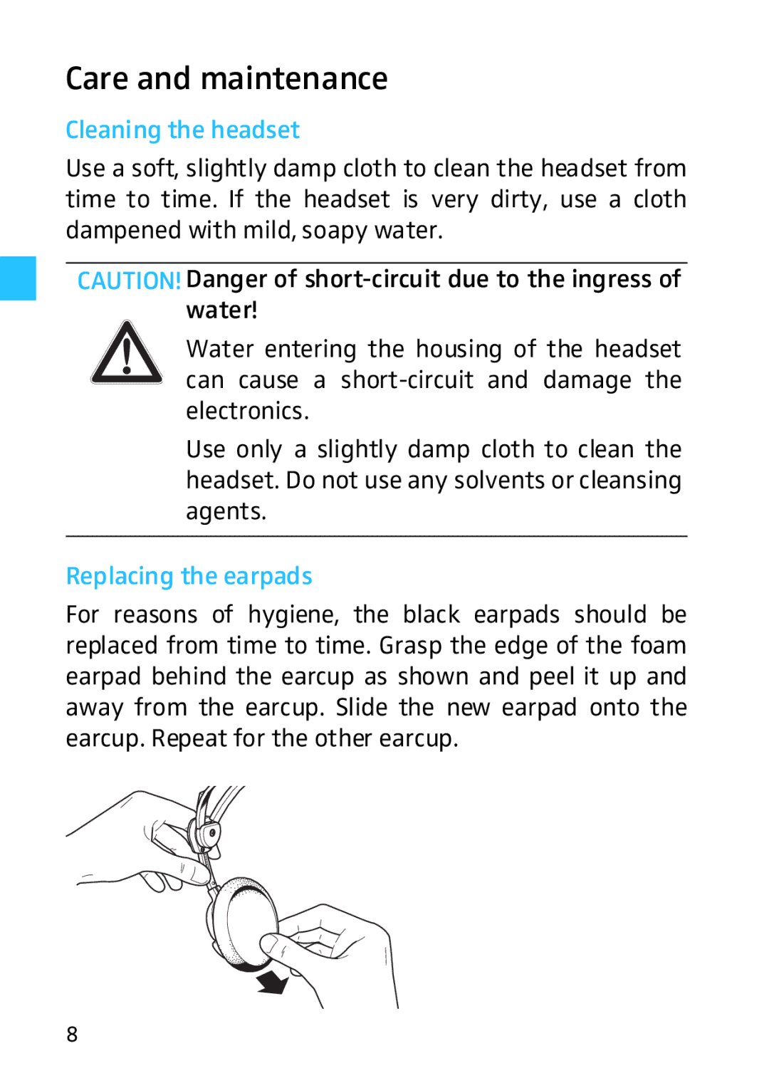 Sennheiser HME 46, HMD 46 manual Care and maintenance, Cleaning the headset, Replacing the earpads 