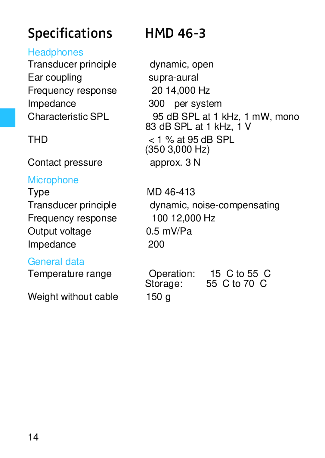 Sennheiser HME 46, HMD 46 manual Specifications HMD, Headphones 