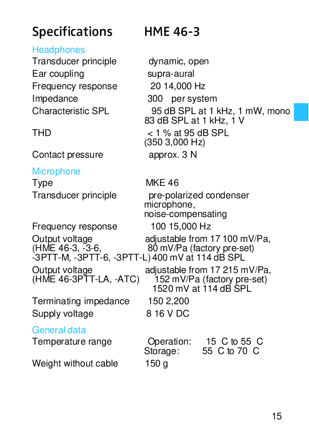 Sennheiser HMD 46, HME 46 manual Specifications HME 