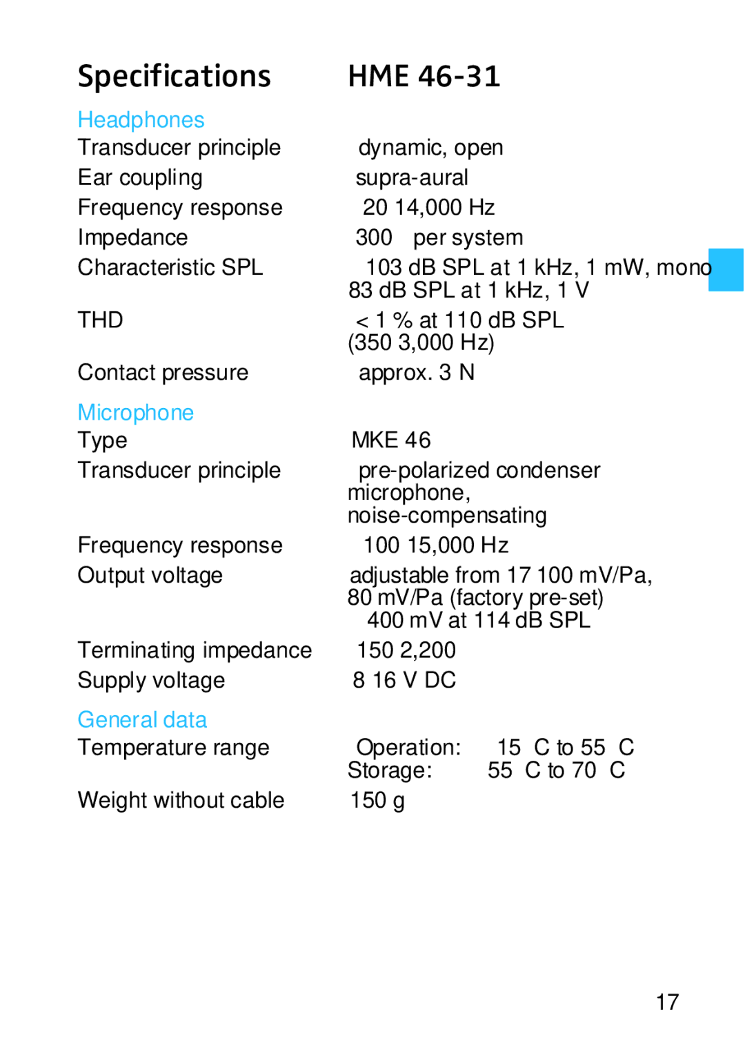 Sennheiser HMD 46, HME 46 manual at 110 dB SPL 