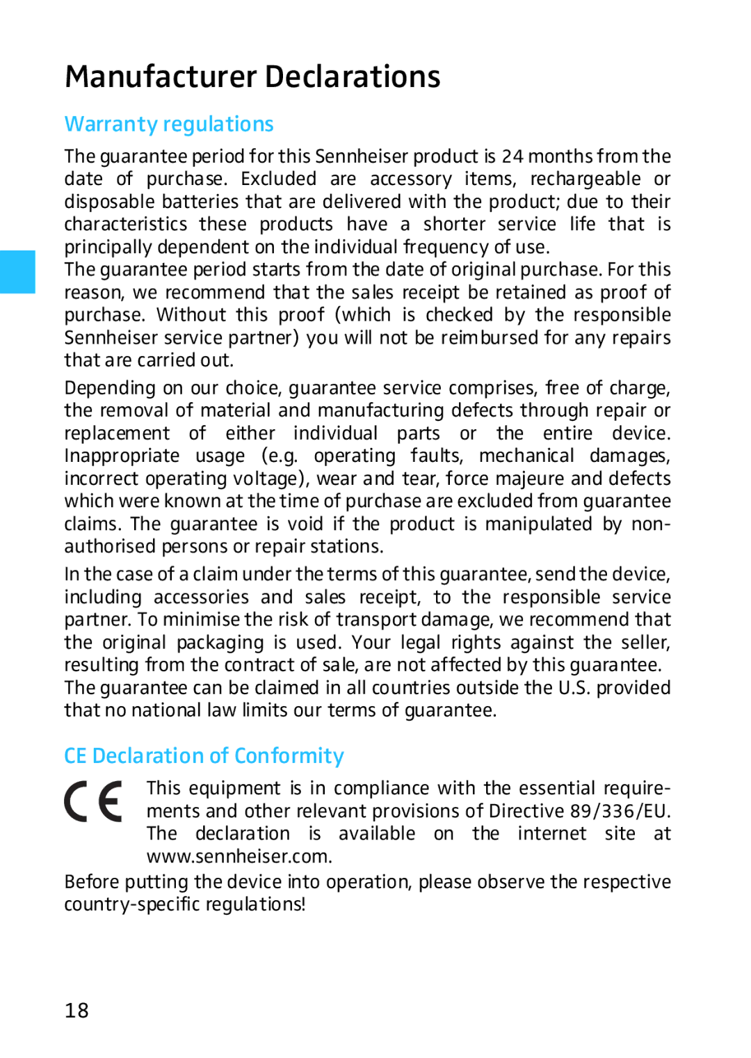 Sennheiser HME 46, HMD 46 manual Manufacturer Declarations, Warranty regulations 