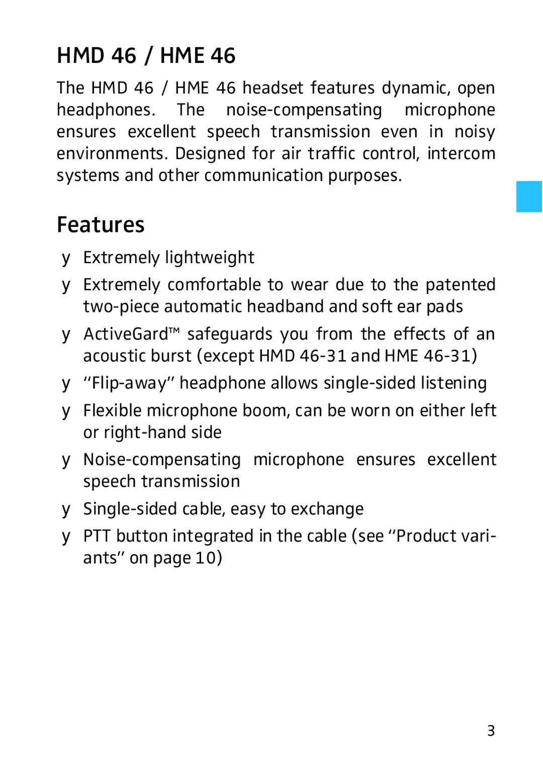 Sennheiser HME 46 manual HMD 46 / HME, Features 